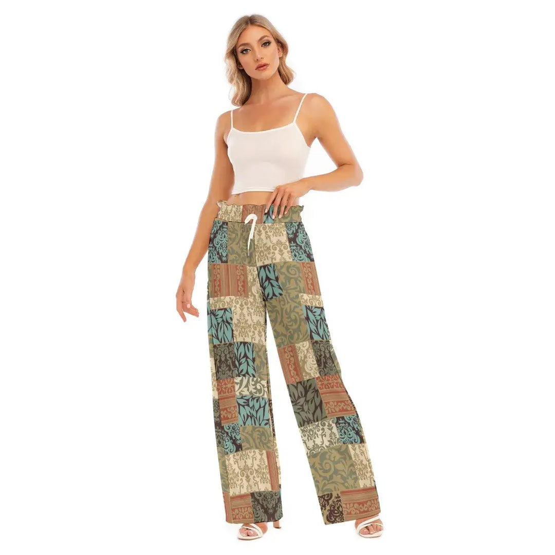 Hippie Vintage Patchwork Printed Women's Waist Fungus Edge Wide-leg Pants| - Archiify