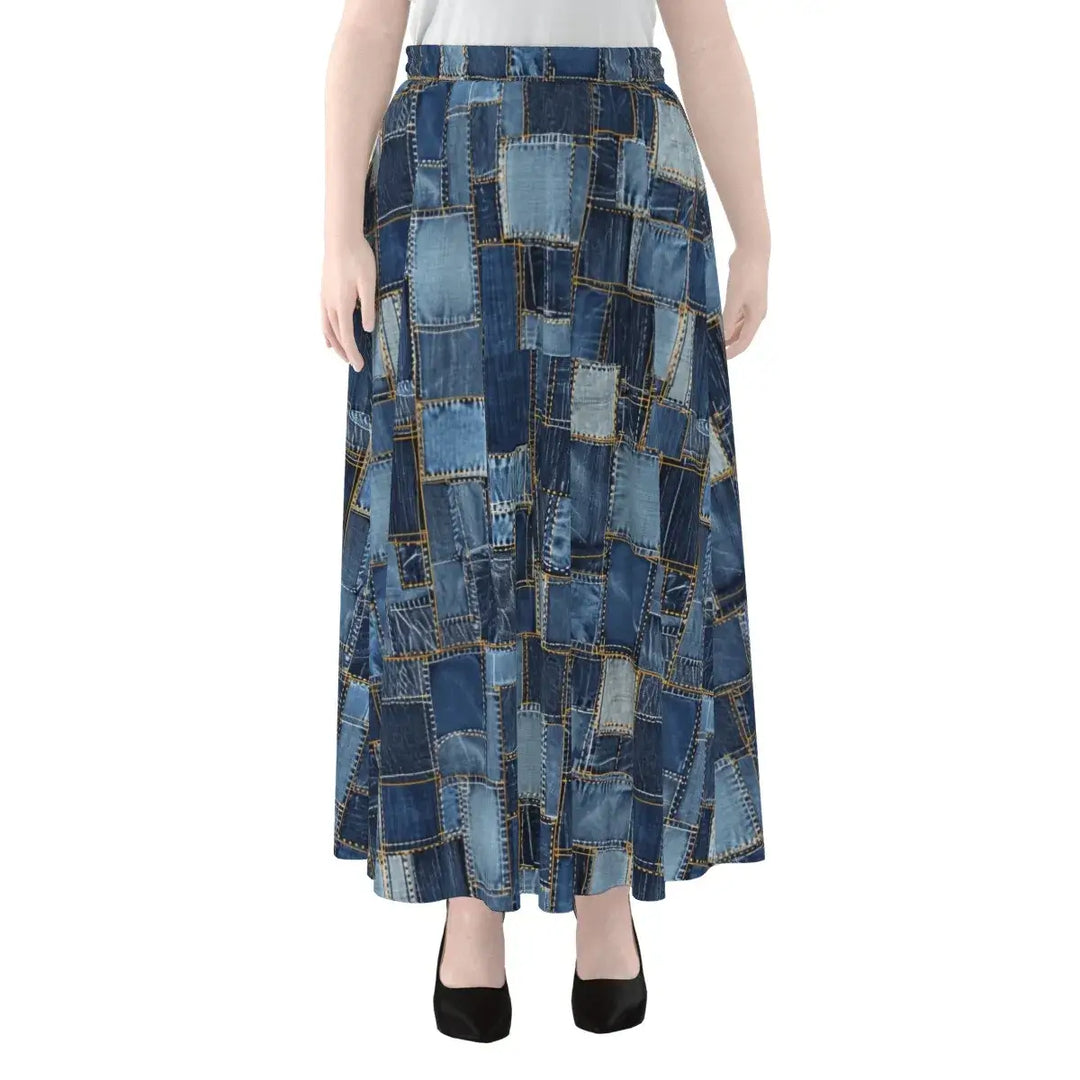Hippie Patchwork Denim Print Women's Maxi Chiffon Skirts With Lining - Archiify