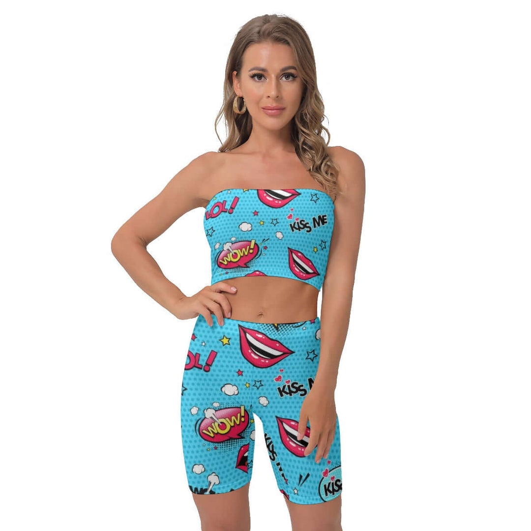 Pop Style Lips Print Women's Breast Wrap Shorts Suit