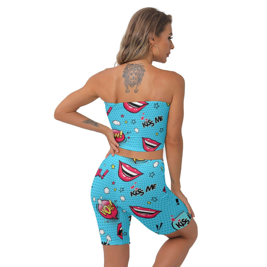 Pop Style Lips Print Women's Breast Wrap Shorts Suit