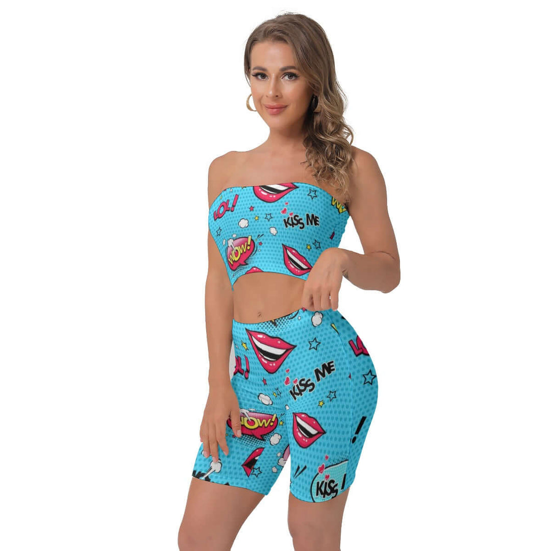 Pop Style Lips Print Women's Breast Wrap Shorts Suit