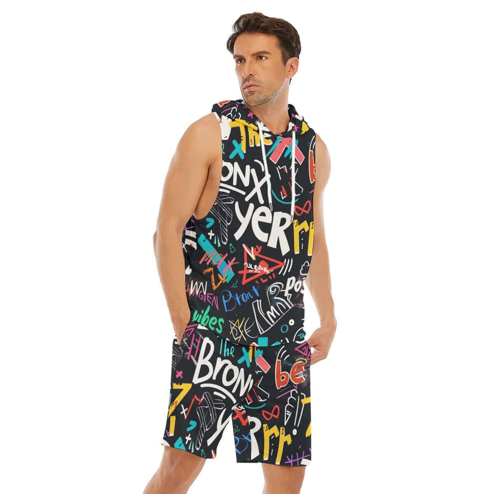 Street Style Graffiti Print Men's Sleeveless Vest And Shorts Set