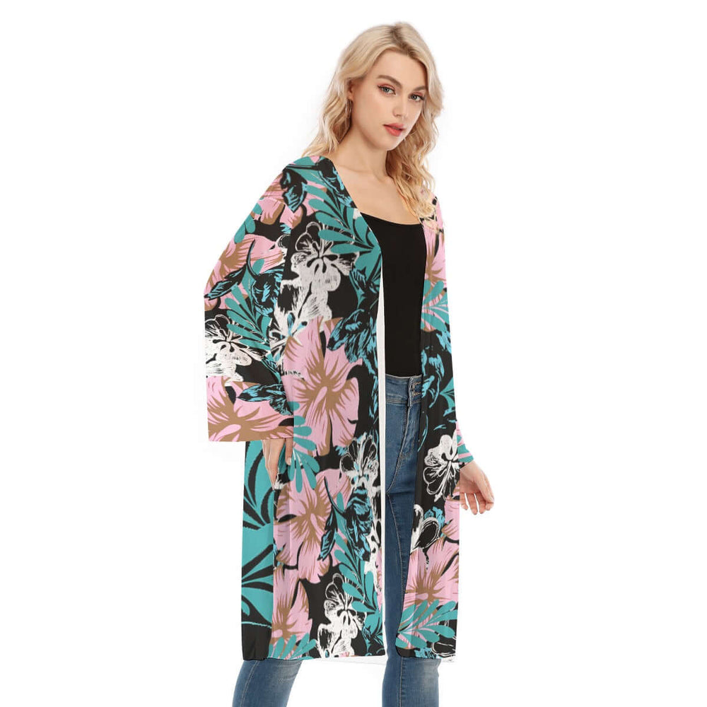 Hawaiian Women Plant Print Loose Long Sleeve Mesh Cardigan