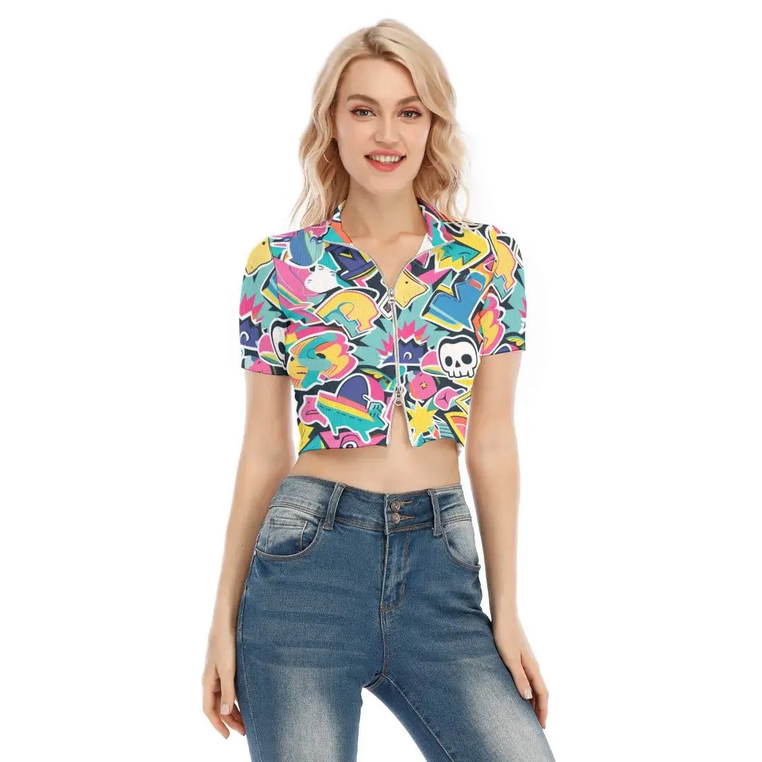 Archiify Hip Hop Style Skull Print Women's Zipper Short Sleeve T-Shirt