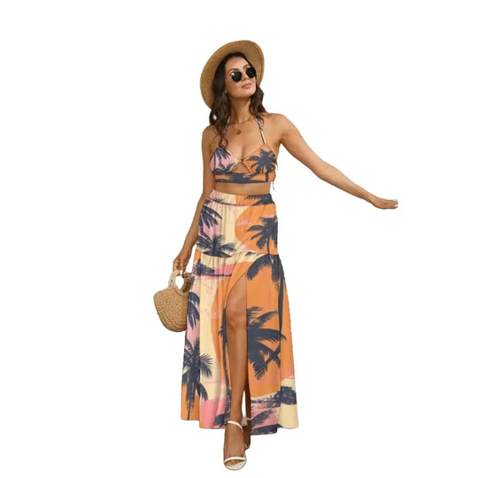 Hawaiian Women Beach Two Piece Set Women's Tie Back Wrap Dress