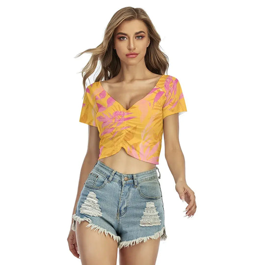 Hawaiian Women's V-neck Raglan Drawstring Front Crop Tee