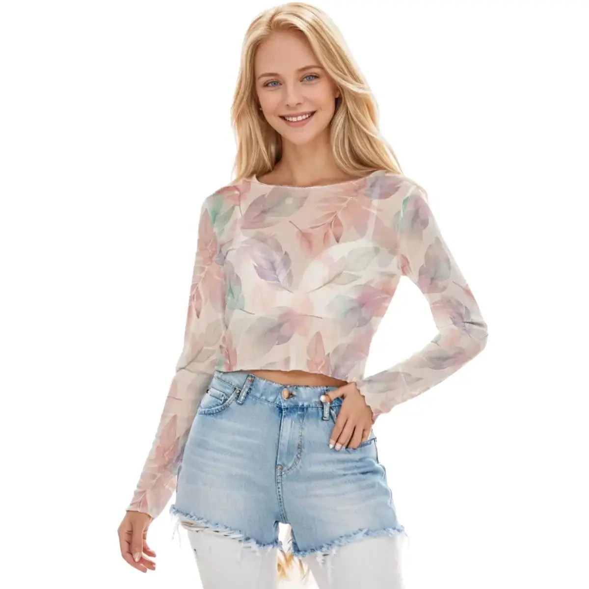 Cottagecore Crossover Printed Women's Mesh Short Crop Long Sleeve T-Shirt - Archiify