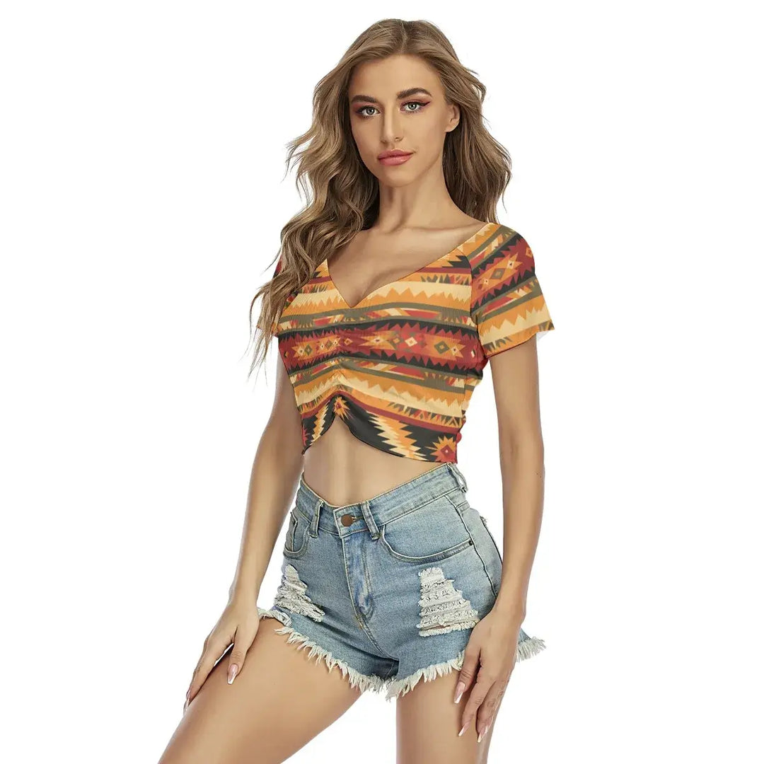 Hippie Vintage Geo Print Women's Sexy Raglan Drawstring Front  Crop Tee - Archiify