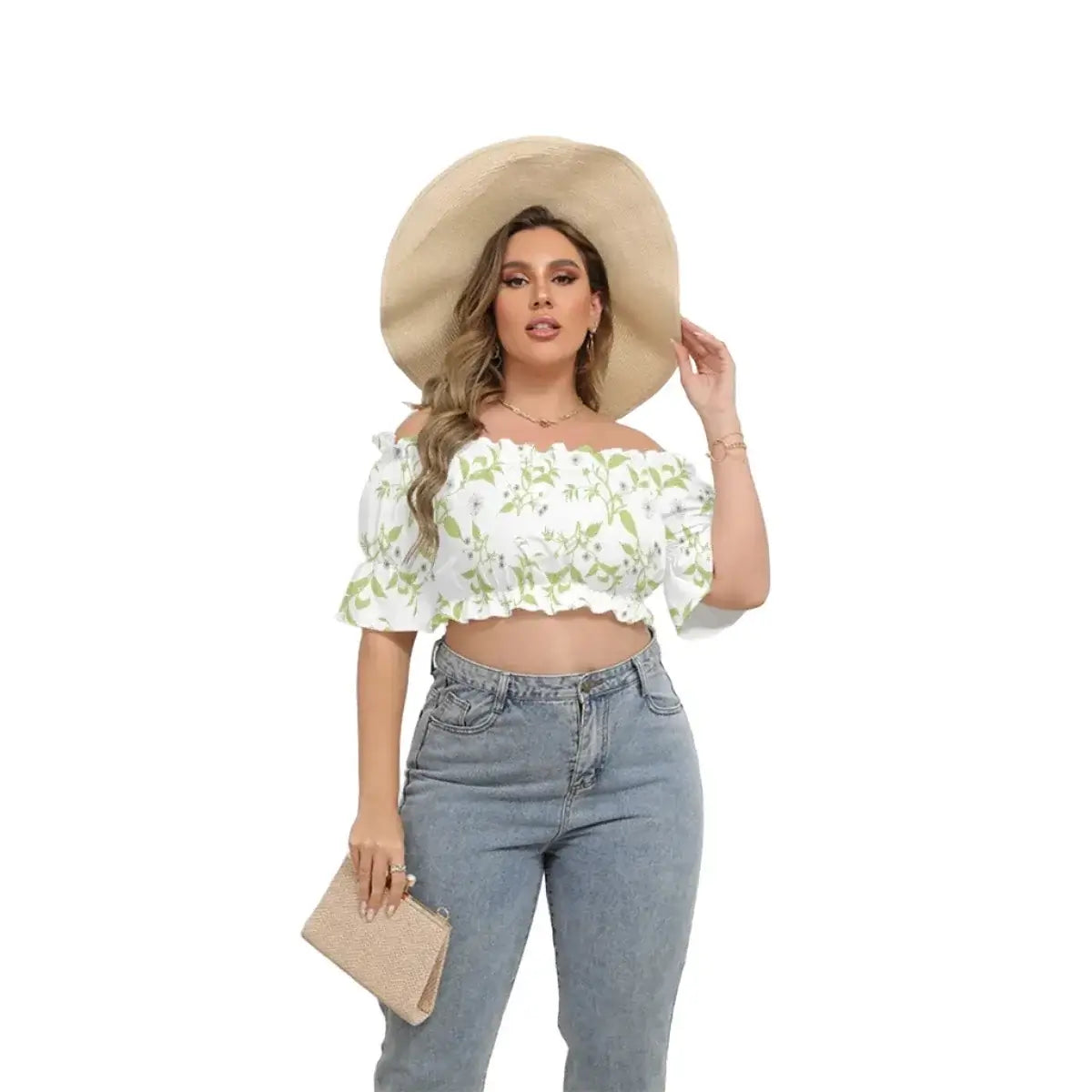 Archiify Cottagecore Women's Floral Print Off Shoulder Short Sleeve Blouse With Ruffle Trim