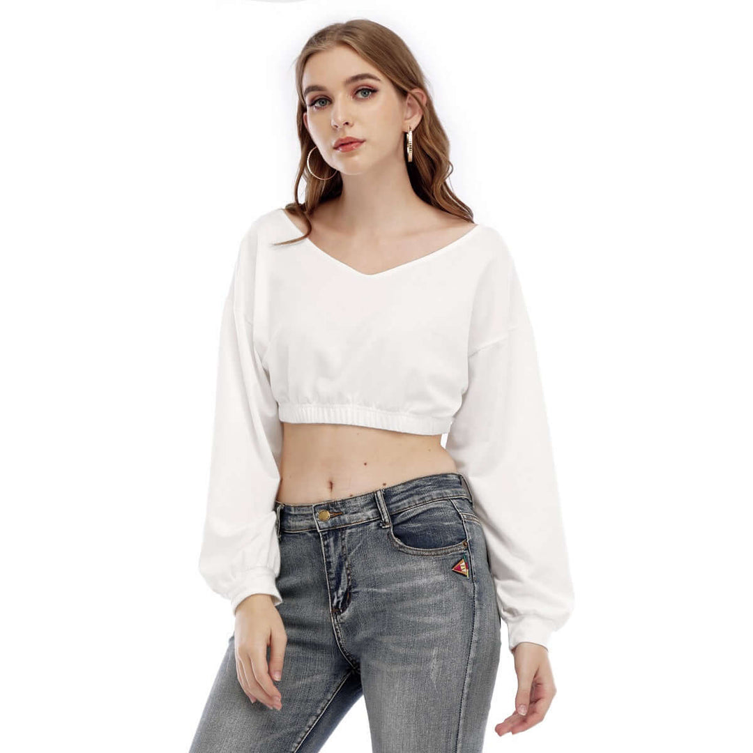 Print Women's V-neck Long Sleeve Cropped Sweatshirt - Archiify