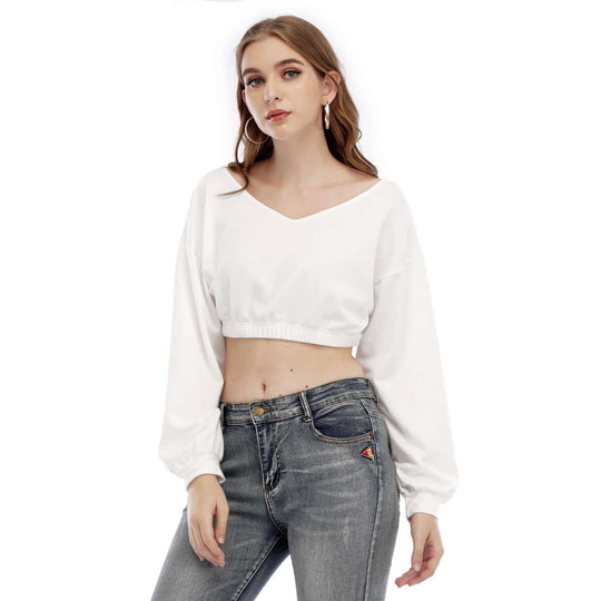 Print Women's V-neck Long Sleeve Cropped Sweatshirt - Archiify