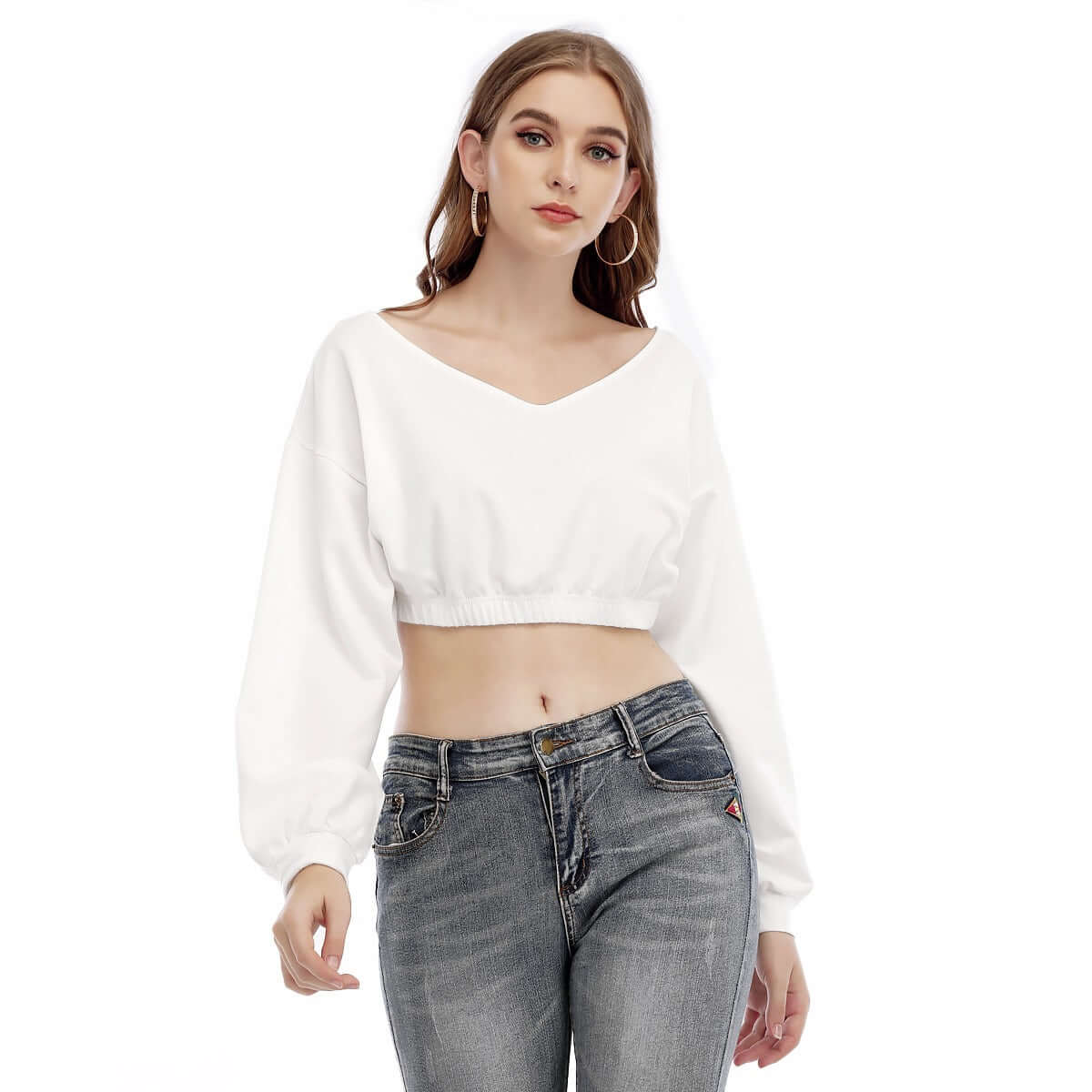 Print Women's V-neck Long Sleeve Cropped Sweatshirt - Archiify