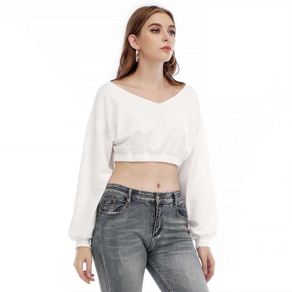 Print Women's V-neck Long Sleeve Cropped Sweatshirt - Archiify
