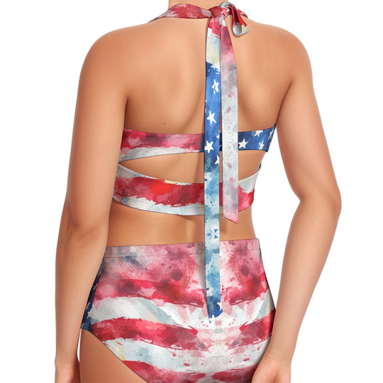 All-Over Print Women's Swimsuit Set With Halter