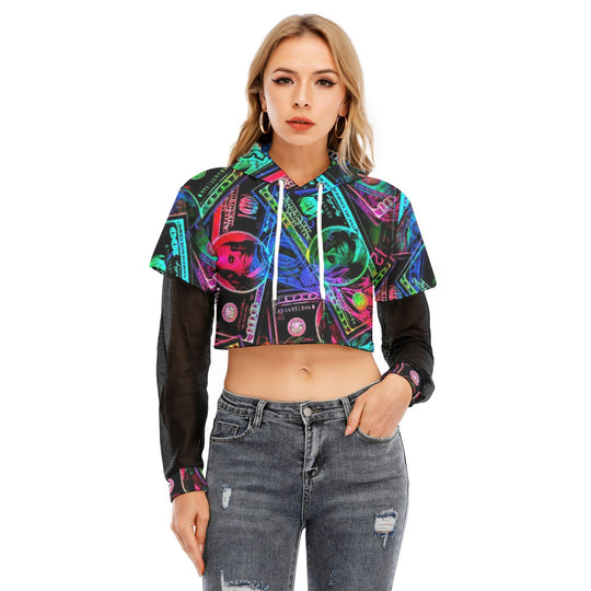 All-Over Print Women's Fake Two-piece Mesh Sleeve Cropped Hoodie