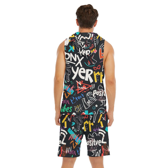 Street Style Graffiti Print Men's Sleeveless Vest And Shorts Set