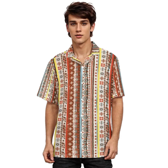 Hippie Bohemian Vintage Colorful Striped Print Men's Hawaiian Shirt Short Sleeve
