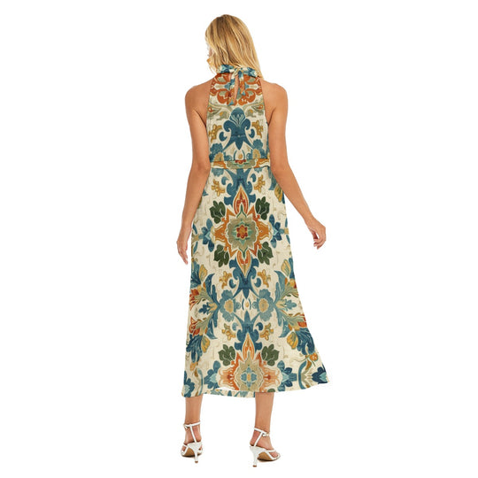 All-Over Print Women's Wrap Hem Belted Halter Dress