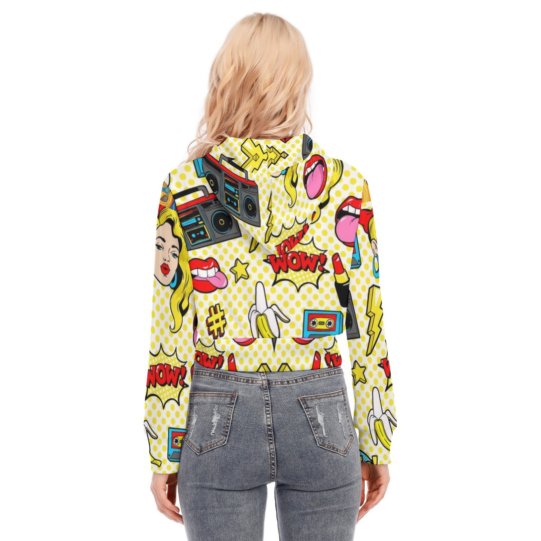 Pop Radio All-Over Printed Women's Crop Top Hoodie With Zipper Closure