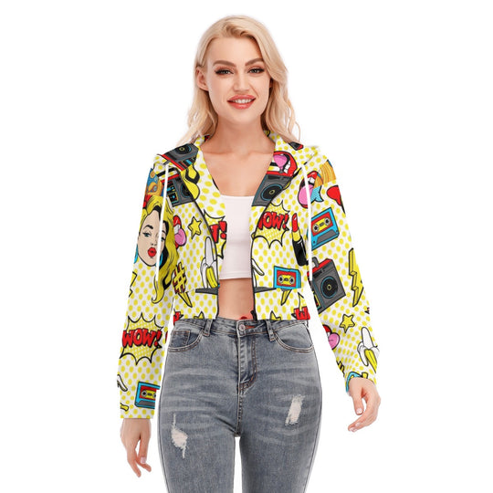 Pop Radio All-Over Printed Women's Crop Top Hoodie With Zipper Closure