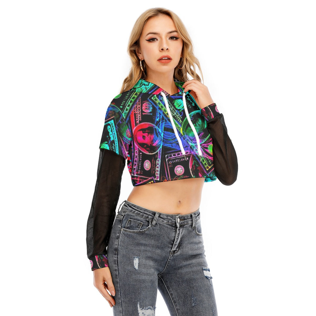 All-Over Print Women's Fake Two-piece Mesh Sleeve Cropped Hoodie