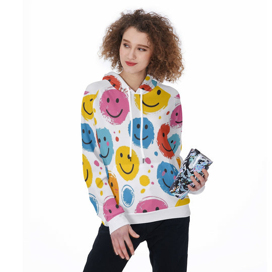 Colorful Smiley Face All-Over Printed Women's Raglan Pullover Hoodie