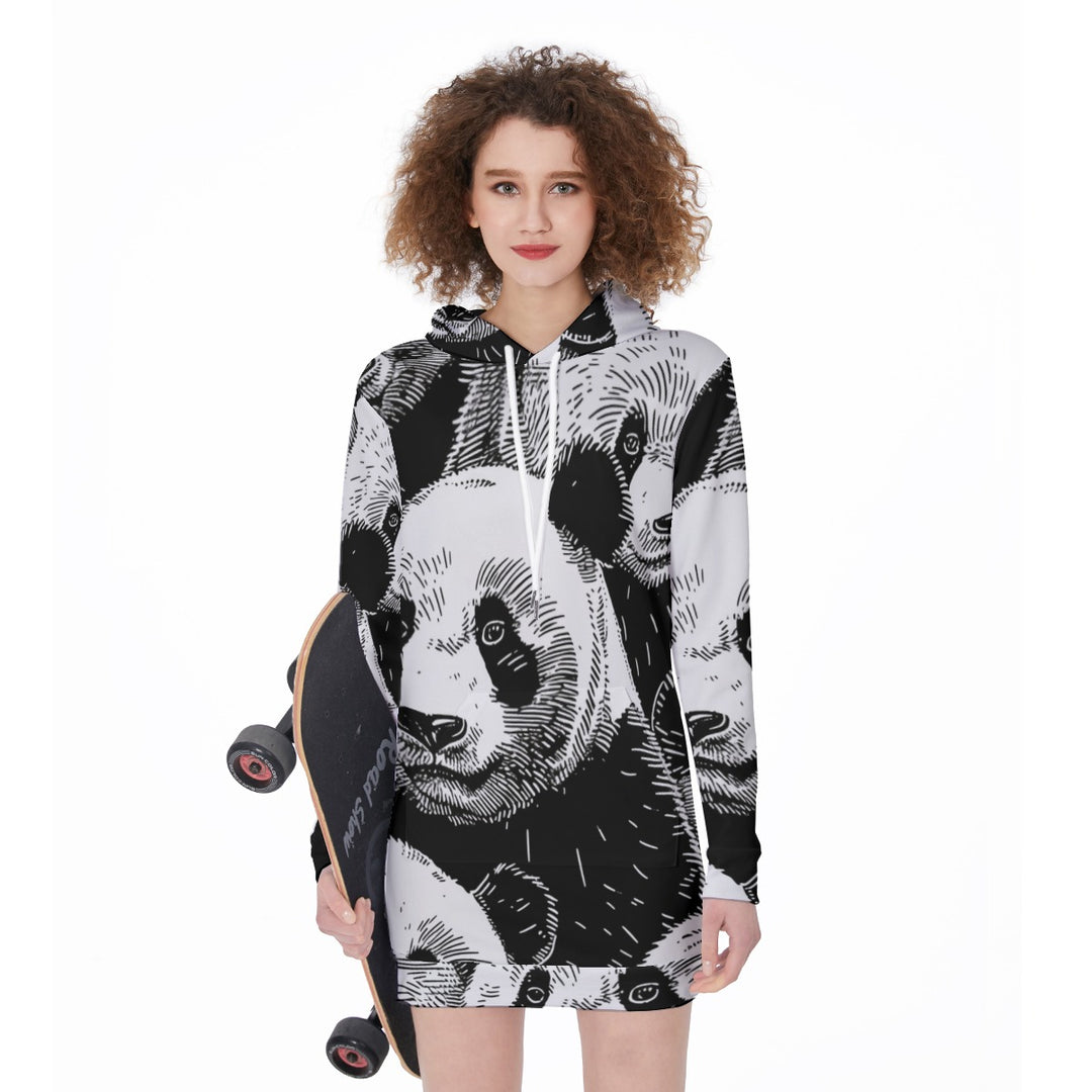 Panda Sketch Printed Women's Long Hoodie