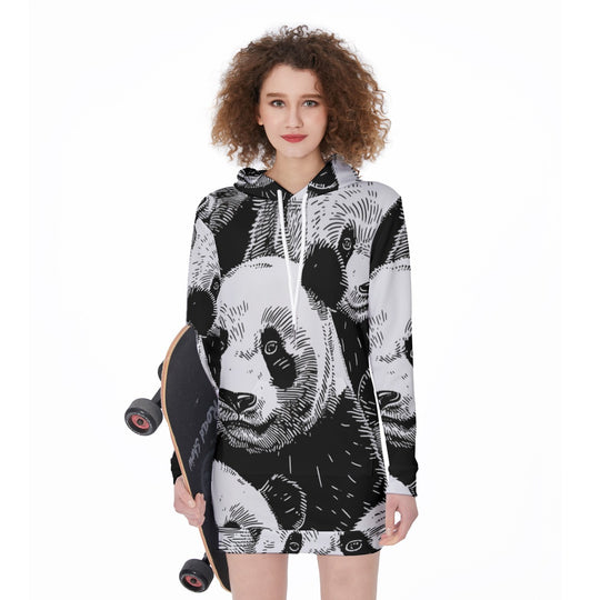 Panda Sketch Printed Women's Long Hoodie