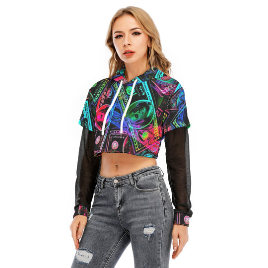 All-Over Print Women's Fake Two-piece Mesh Sleeve Cropped Hoodie