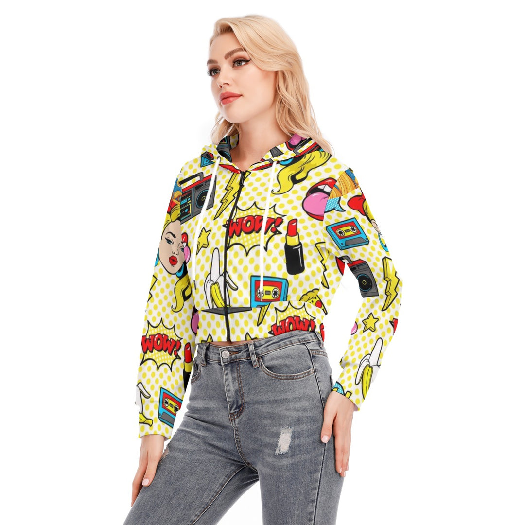 Pop Radio All-Over Printed Women's Crop Top Hoodie With Zipper Closure