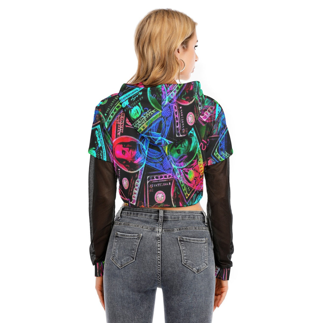 All-Over Print Women's Fake Two-piece Mesh Sleeve Cropped Hoodie