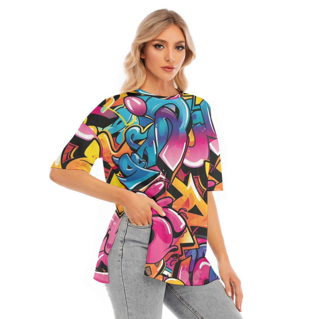 All-Over Print Women's Short Sleeves T-shirt With Hem Split