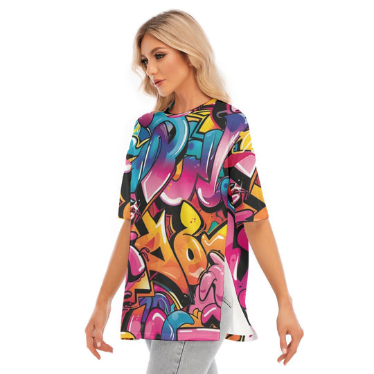 All-Over Print Women's Short Sleeves T-shirt With Hem Split