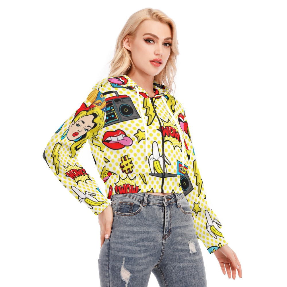 Pop Radio All-Over Printed Women's Crop Top Hoodie With Zipper Closure