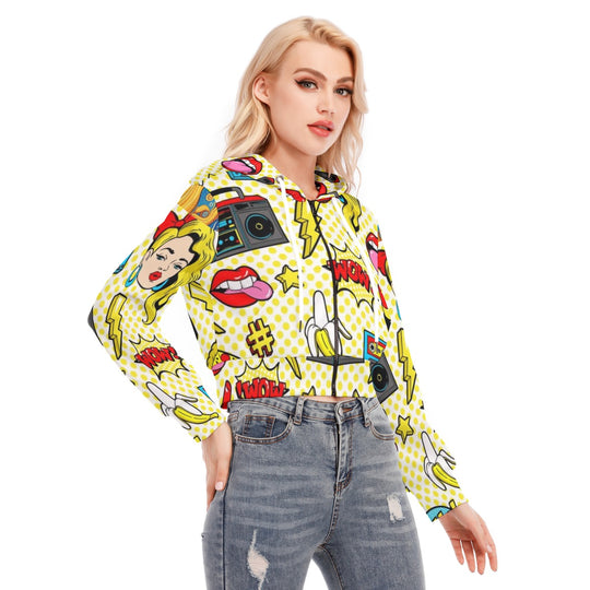 Pop Radio All-Over Printed Women's Crop Top Hoodie With Zipper Closure