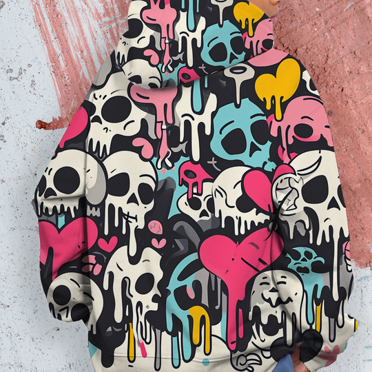 Colorful Skull Print Drawstring Women's Pullover Hoodie