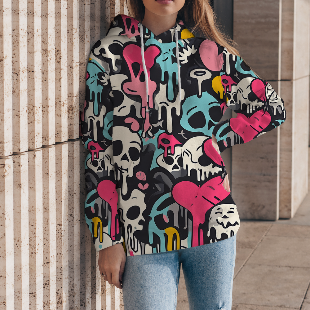 Colorful Skull Print Drawstring Women's Pullover Hoodie