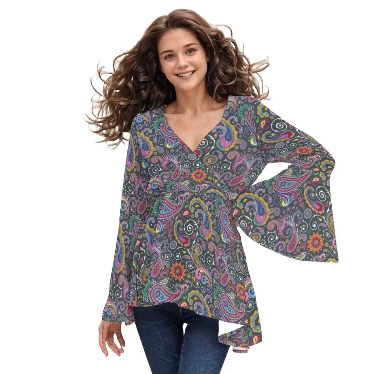 Bohemian Vacation Paisley Print Women's V-neck Blouse With Flared Sleeves - Archiify